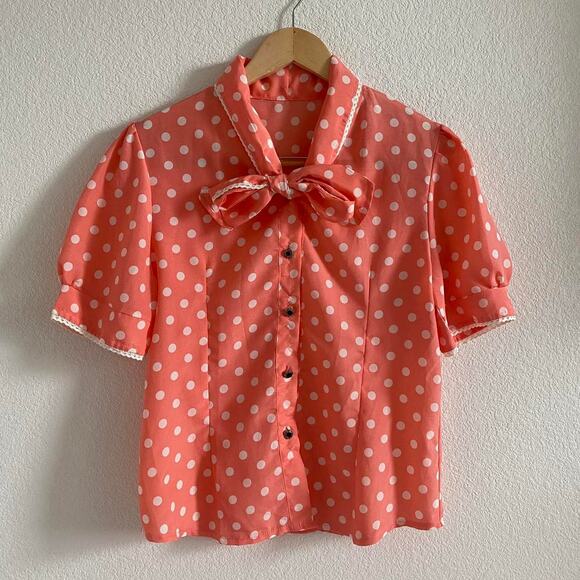 Coral Polka Dot Pussybow Blouse - Picture 6 of 7